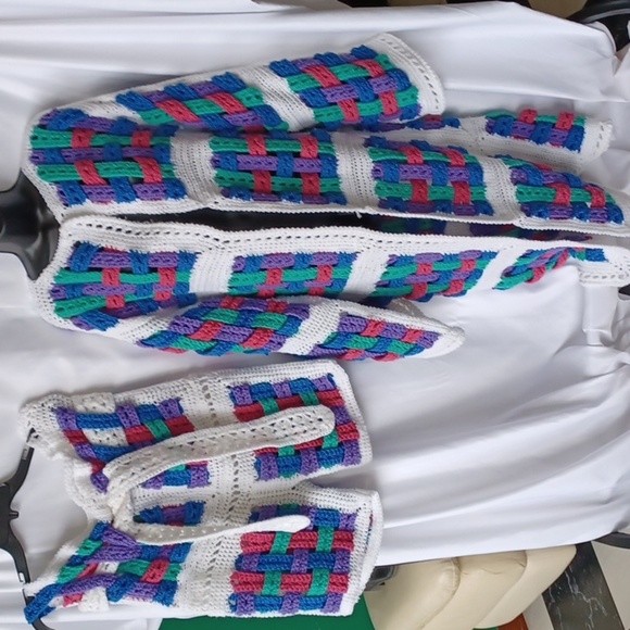 Vintage handmade granny square crochet duster cardigan set, open front, shorts - Picture 1 of 4